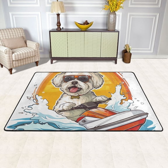 Dog Surf Speedboat Area Rug Washable 72 x 48 Floor Carpet Mat Non Slip for Bedroom Living Room Kids Room Home Decor