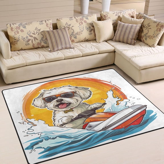 Dog Surf Speedboat Area Rug Washable 80 x 58 Floor Carpet Mat Non Slip for Bedroom Living Room Home Decor