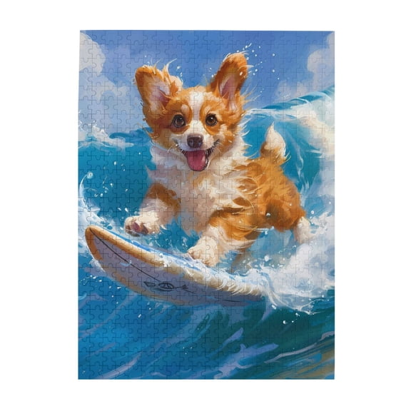 Dog Surfing Ocean Wave Fun 500-Piece Wooden Jigsaw Puzzle for Adults, Fun & Challenging Family Game, Stylish Wall Decor & Holiday Gift