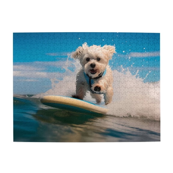 Dog Surfing Wave Water Ocean 500-Piece Wooden Jigsaw Puzzle for Adults, Fun & Challenging Family Game, Stylish Wall Decor & Holiday Gift