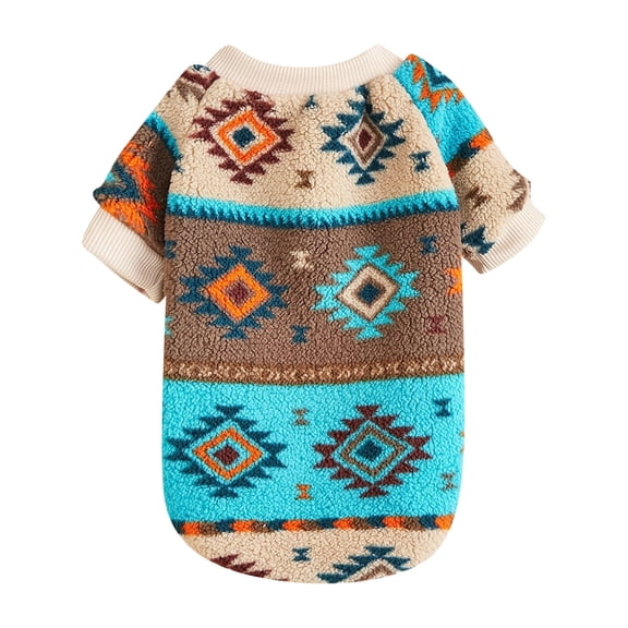 Dog Sweater, Fleece Warm Blue, 1 Piece Fall Winter Outfit for Small Medium Dogs and Cats, Cozy Cold Weather Pet Apparel with Ethnic Geometric Pattern