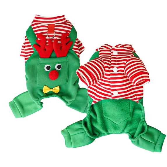 Dog Sweater, Green Christmas Reindeer Pattern Pet Onesie, 1 Pack Striped Puppy Clothes with D-Ring for Small Medium Dogs Holiday Parties Winter Warm Wearing