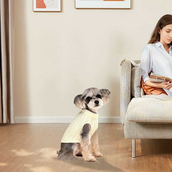 Dog Sweaters Pets Winter Clothes Turtleneck Pullover Cable Knit Stretch Clothes Stylish Sweater for All Breeds White-S