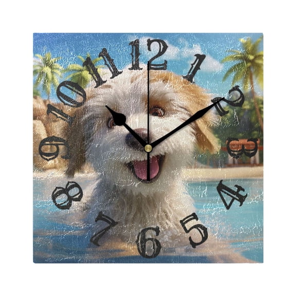 Dog Swim Sea Beach Sky Wall Clock Square Silent Non Ticking Battery Operated Clock for Home Bathroom Kitchen Bedroom Living Room
