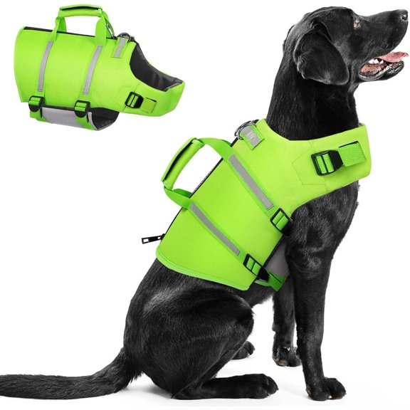 Dog Swim Vest - Lightweight Adjustable Reflective Puppy Pet Float Life Preserver with Back Zip, Rescue Handle, Metal Hook (Green S)