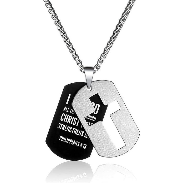 Dog Tag Cross Necklace for Men Boys Stainless Steel Dog Tag Pendant Chain Bible Verse Military Army First Communion Confirmation Religious Christian