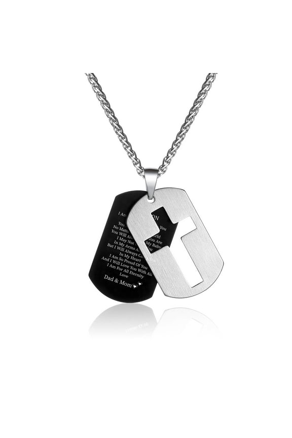 Dog Tag Cross Necklace for Men Son Stainless Steel Dog Tag Pendant Chain Military Army First Communion Confirmation Religious Christian Birthday Jewelry Gifts
