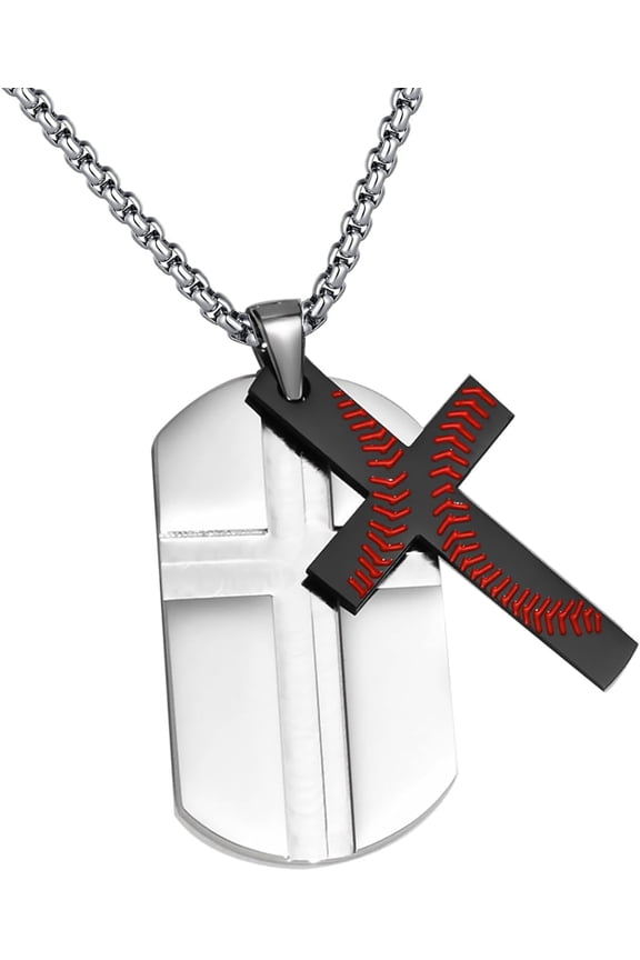 Dog Tag Pendant 2 in 1 Baseball Cross Necklace Crucifix Jewelry Necklaces Christmas Gift for Sports Lover Young Men Stainless Steel 24 Inch Box Chain