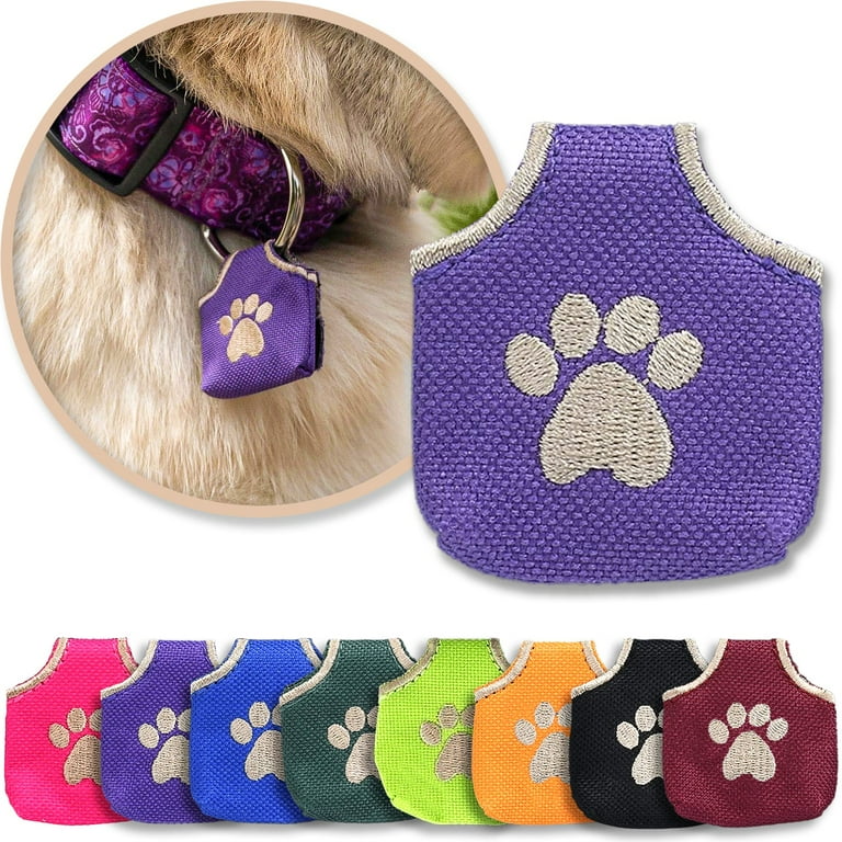 Dog Tag Silencer Purple Pawprint Quiet Noisy Pet Tags Fits Up to Four Pet IDs Dog Tag Cover Protects Metal Pet IDs Made of Durable Nylon Universal Fit Machine
