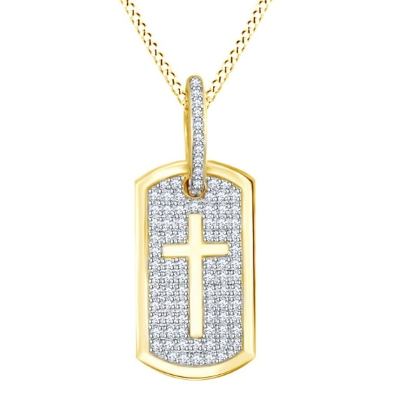 AFFY Dog Tag With Cross Pendant Necklace In 14k Solid Yellow Gold Round Cut White Natural Diamond (3.20 cttw)