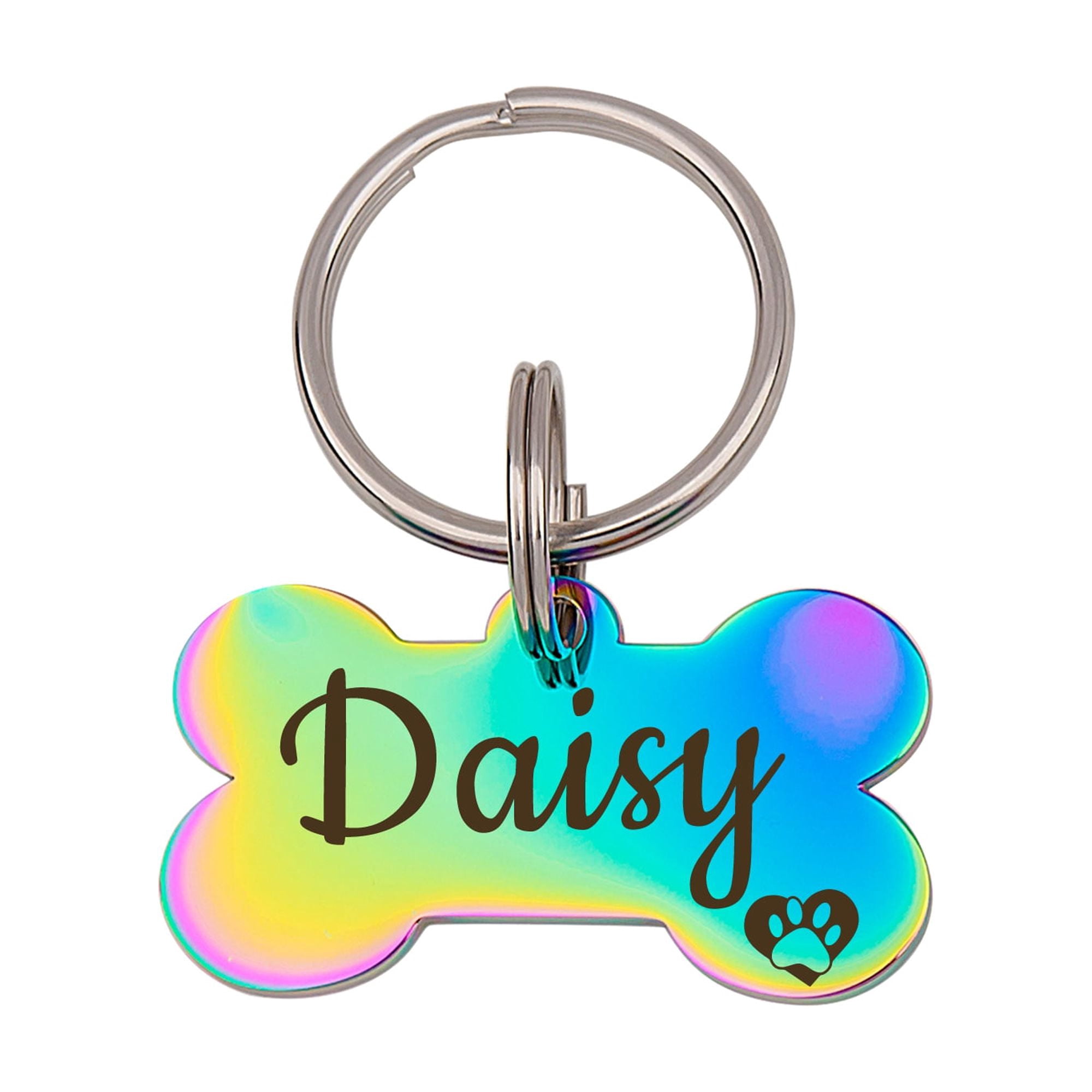 Dog Tags for Dogs Personalized - Custom Stainless Steel Bone Shaped Dog Tag - Dog Name Tag with Funny Paw Icon Design [Iridescent, M, Front & Back Engraving]