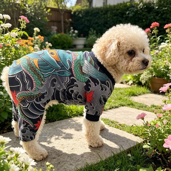 Dog Tattoo Costume Shirt, Stretchy Pet Apparel with Japanese Demon & Maple Pattern, Lightweight Cosplay Outfit