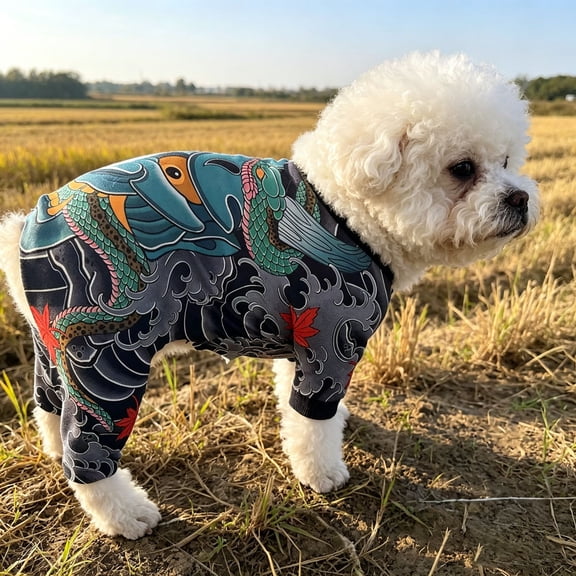 Dog Tattoo Costume Shirt, Stretchy Pet Apparel with Japanese Demon & Maple Pattern, Lightweight Cosplay Outfit
