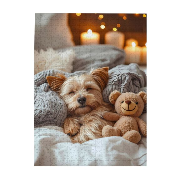 Dog Teddy Bear Bed Lights Home 1000-Piece Wooden Jigsaw Puzzle for Adults, Fun & Challenging Family Brain-Teaser, Perfect Home Decor & Gift