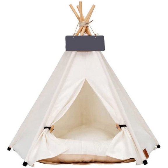 Dog Teepee Bed Cat Tent Portable Houses Pet Puppy with Thick Cushion (M:Size fits 9kg/20lbs (Pets)) | (White, M:Size fits 9kg/20lbs (Pets)) with Thick Cushion