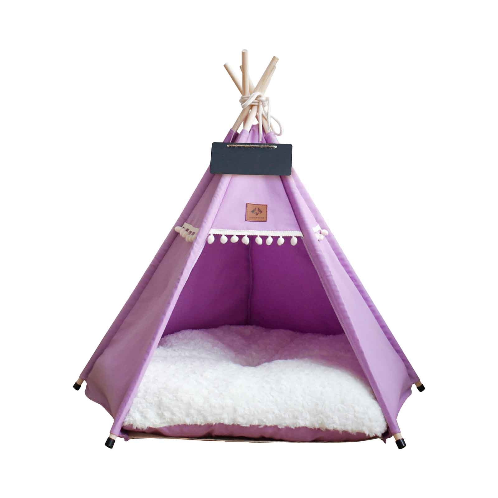 Dog Teepee Bed Cat Tent, Portable Houses Pet Puppy with Thick Cushion (Purple - M)