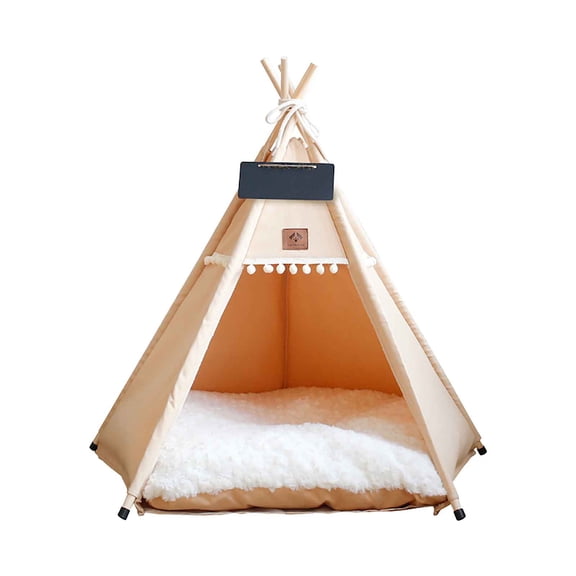 Dog Teepee Pet Tent, Portable Dog Houses, Puppy Teepee Cat Bed with Thick Cushion (Khaki - L)