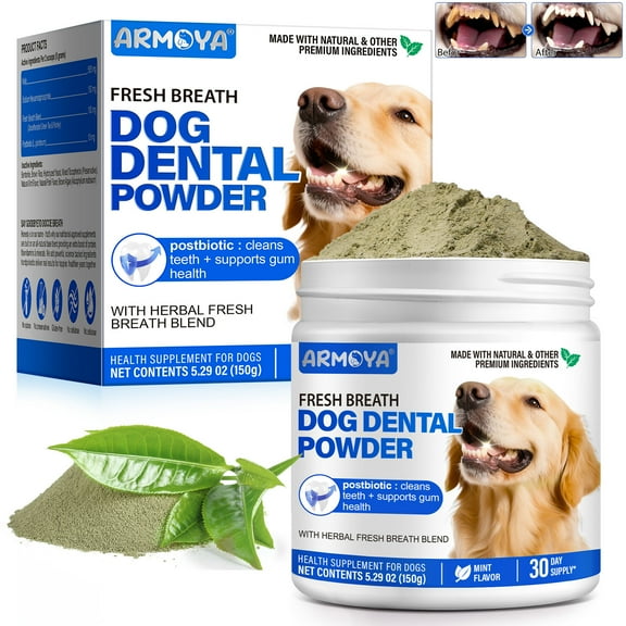 Dog Teeth Cleaner – Edible Dog Dental Powder for Teeth with Probiotics & Enzymes, Reduces Plaque & Tartar, Fresh Breath, Whitening, Pet Tooth Powder for Dogs 5.29 oz/150g