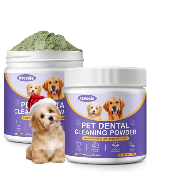 Dog Teeth Cleaning Powder 2PC – Natural Dog Dental Powder with Green Tea & Enzymes, Fresh Breath, Plaque & Tartar Reduction Safe, Edible 3.5 oz/100g