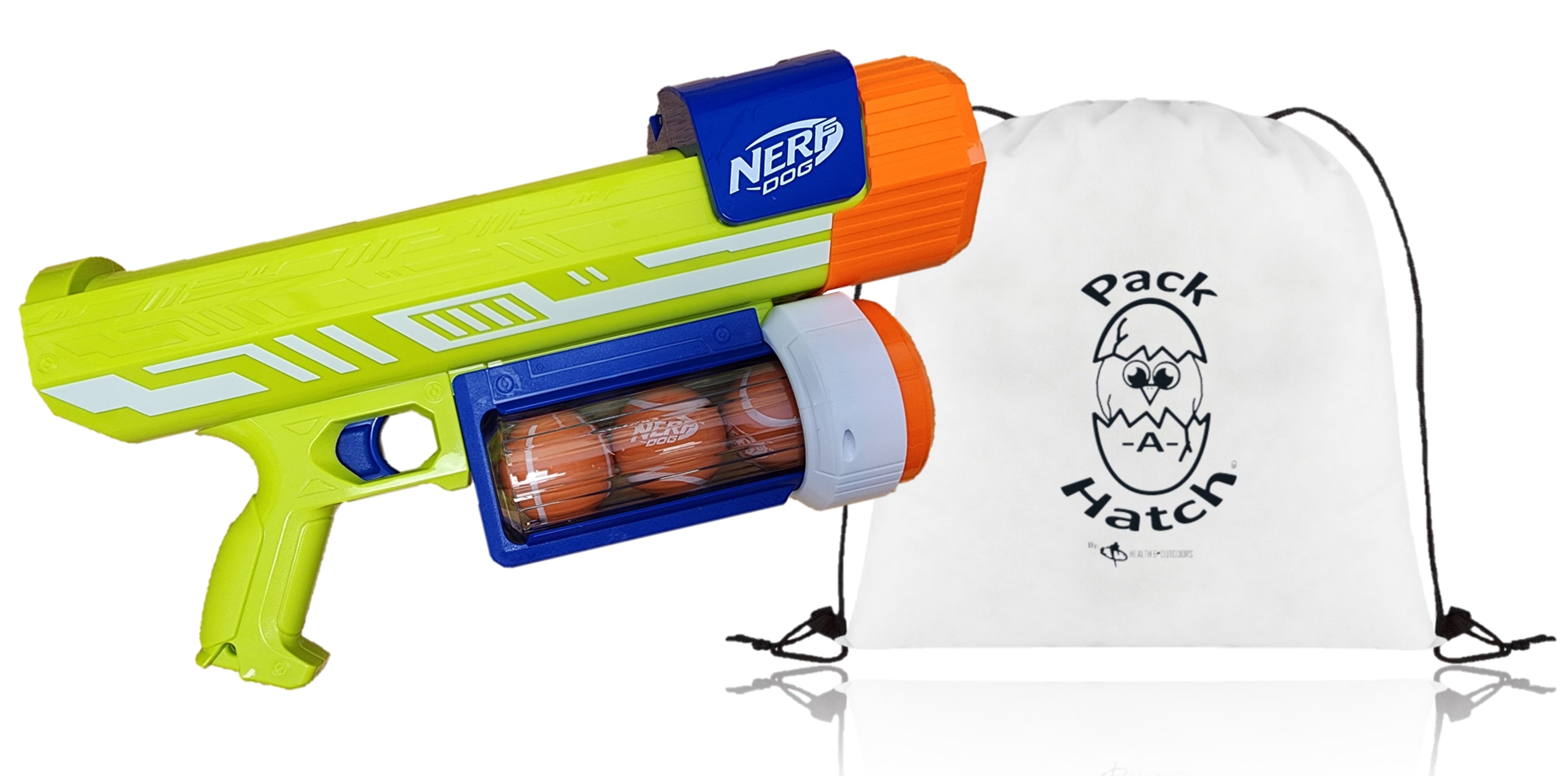 Dog Tennis Ball Launcher W 4 Super Bounce Balls Detachable Storage Canister and Pack A Hatch