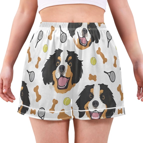 Dog Tennis Racket Bone Pattern Women's Pajama Shorts Silky Satin Casual ...