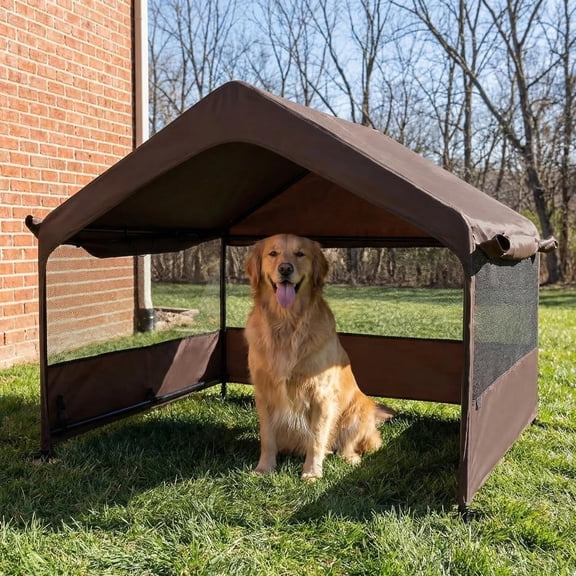 Dog Tent House Outdoor Shade 4'x4'x3' Shelter for Large Medium Pets,Outside Sun Rain Waterproof Canopy with Three-Sided Breathable Mesh Windows,Livestock House with Ground Nails,Brown