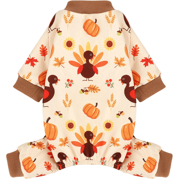 Dog Thanksgiving Pajamas for Small Dogs, Festive Turkey and Pumpkin Print Pet Onesie, Soft Comfortable Loungewear Apparel, Stretchy Holiday Costume for Dogs,Beige Turkey XS