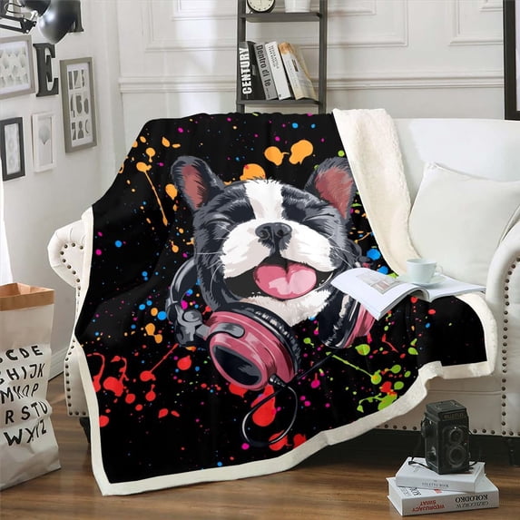 Dog Theme Sherpa Blanket Cool Pug Blanket, Cute Animal Pet Throw Blanket for Chair Colorful Graffiti Splash Flannel Blanket Throw Size, Black Hip Hop Headphone Plush Blanket Breathable Soft