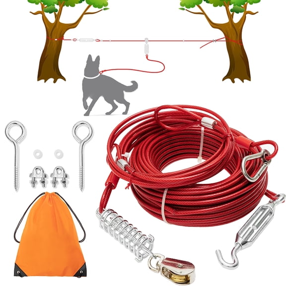 Dog Tie Out Cable - 100 ft Long Dog Cable with 10 ft Run Cable for Yard Training Running Camping Hiking Outdoor - Heavy Duty Chew Proof Lead Leash with Buffer Spring for Small Medium Large Dogs