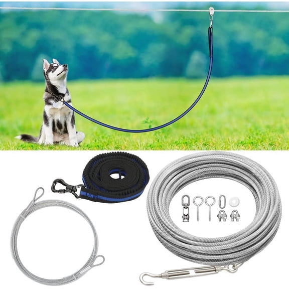 Dog Tie Out Cable, 100ft Dog Trolley Runner Cable for Dogs up to 250lbs, Pet Lead for Yard, Camping, Outdoor, with 8 Ft Nylon Bungee Runner, Cable Sling to Protect Trees