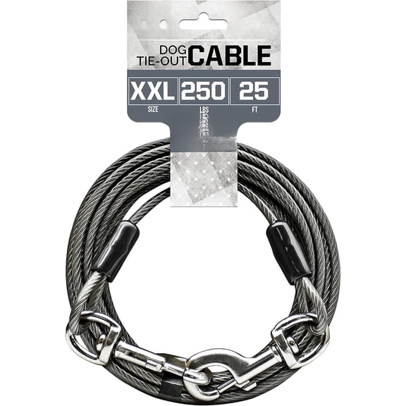 Dog Tie Out Cable 25 Feet - Heavy Duty Dog Lead up to 90 Pounds - Reflective & Rust-Free with Quick Release Swivel Clips & 360° Rotating Clasp - Tangle-Free Dogs Runner for Yard (Silver, Single)