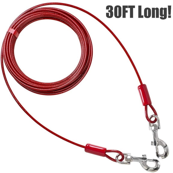 Dog Tie Out Cable 30 Feet - Heavy Duty Dog Lead Up to 125 Pounds - Reflective & Rust-Free with Quick Release Swivel Clips & 360 Rotating Clasp - Tangle-Free Dogs Runner for Yard (Red, Single)
