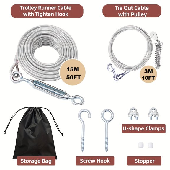 Dog Tie Out Cable - 50ft Long Dog Cable with 10ft Run Cable for Yard Training Running Camping Hiking Outdoor - Heavy Duty Chew Proof Lead Leash with Buffer Spring for Small Medium Large Dogs