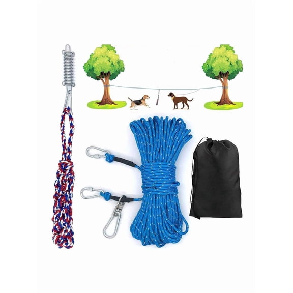 Dog Tie Out Cable For Camping - 100FT Heavy Duty Overhead Trolley System And Dog Rope Toys With A Big Spring Pole Kit For Dogs Up To 200lbs, Portable Reflective Dog Lead Line For Outdoor