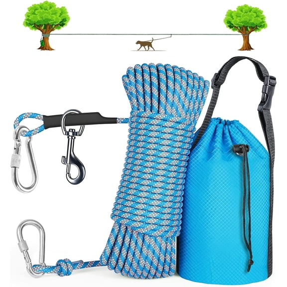 Dog Tie Out Cable for Camping, 50ft/75ft/100ft Trolley System for Dogs up to 300lbs, Portable Lightweight Dog Runner Lead for Yard, Reflective Camping Leash for Courtyard, Park, Outside Blue,50FT