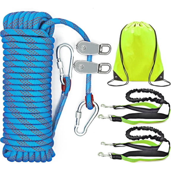 Dog Tie Out Cable for Camping, Dog Trolley System and 4ft Bungee Leash for Dogs Up to 400lbs, Suitable for Camping, Yard and Outdoor Events (Blue 2dogs, 100Ft)