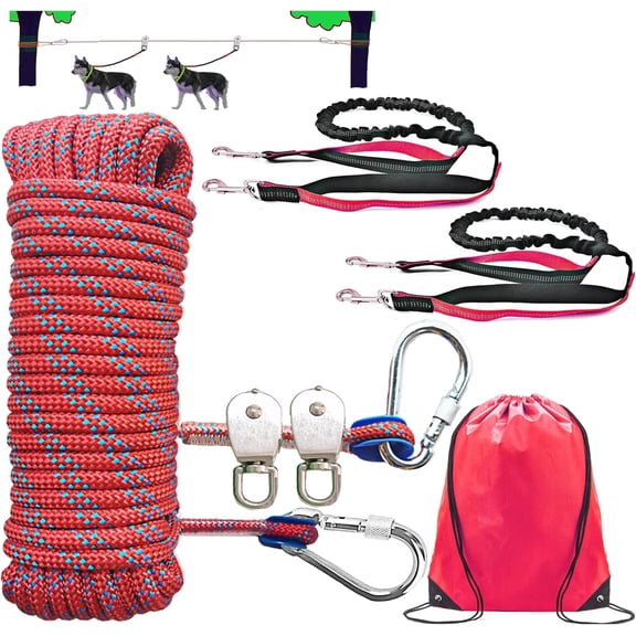 Dog Tie Out Cable for Camping, Dog Trolley System and 4ft Bungee Leash for Dogs Up to 400lbs, Suitable for Camping, Yard and Outdoor Events (Red for2, 50Ft)