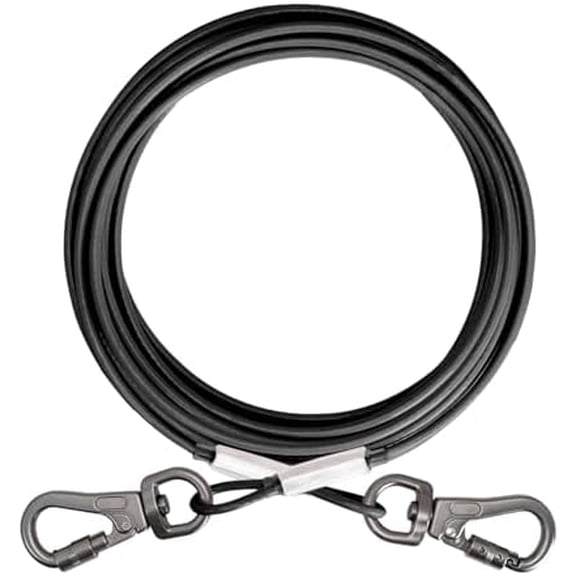 Dog Tie Out Cable - Chew Proof Steel Wire Lead - Tangle Free Chain for Pups - Leash with Interchangeable Handles for Small to Medium Dogs Up to 45lbs, Black, 20ft