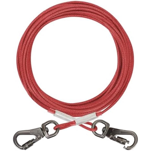 Dog Tie Out Cable - Chew Proof Steel Wire Lead - Tangle Free Chain for Pups - Leash with Interchangeable Handles for Small to Medium Dogs Up to 45lbs, Red,10ft