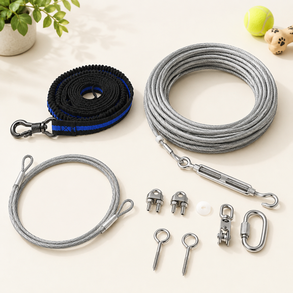 Dog Tie Out Cable 200ft Trolley Runner For Dogs Up To 250lbs Lead Yard Camping Outdoor With 8 Ft Nylon Bungee Sling Protect Trees