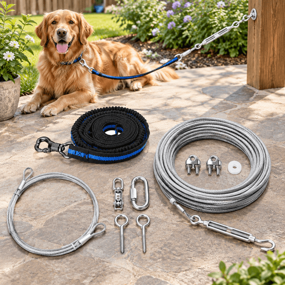 Dog Tie Out Cable 200ft Trolley Runner For Dogs Up To 250lbs Lead Yard Camping Outdoor With 8 Ft Nylon Bungee Sling Protect Trees