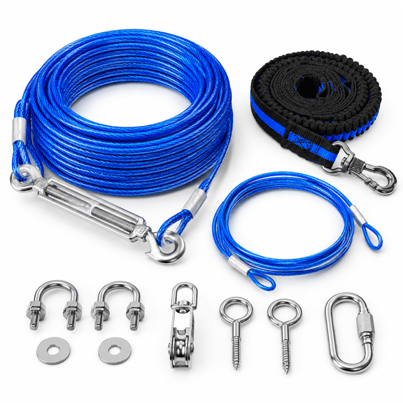 Dog Tie Out Cable 50ft Trolley Runner For Dogs Up To 250lbs Lead Yard Camping Outdoor With 8 Ft Nylon Bungee Sling Protect Trees