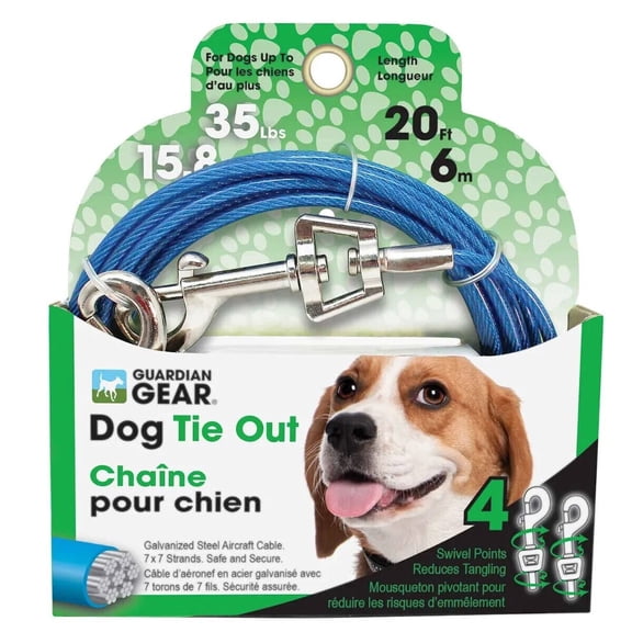 Dog Tie Out Strong Blue Vinyl Coated Outdoor Cable Restraint Medium Holds 35lbs (20 Feet Long)