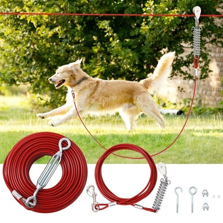 Dog Tie Out Runner for Yard, Dog Trolley System 100FT Dog Lead with 10FT Dog Runner Line, Dog Zipline Heavy Duty Dog Run Cable for Large Dogs 125lbs, Red
