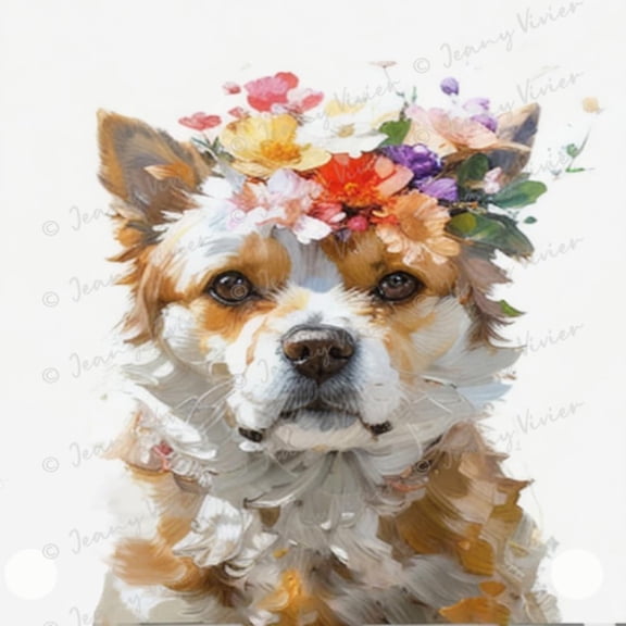 Dog Tin Prints Artwork Wall Art Poster for Home Office Living Room Decorations, Dog with Floral Crown Painting Metal Sign Gift for Cat Lovers 12x12 Inches