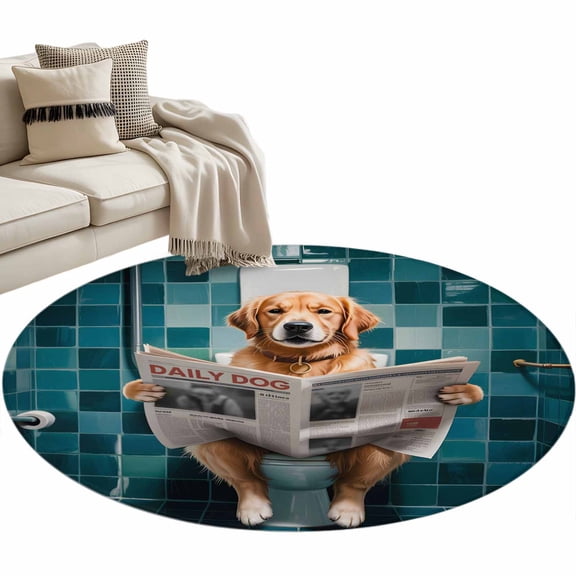 Dog in Toilet Round Area&nbsp;Rug 3ft Funny Animal Non-Slip&nbsp;Washable Circle Rugs Soft Felt Indoor Floor Mat for Bedroom Kitchen Living Room Bathroom