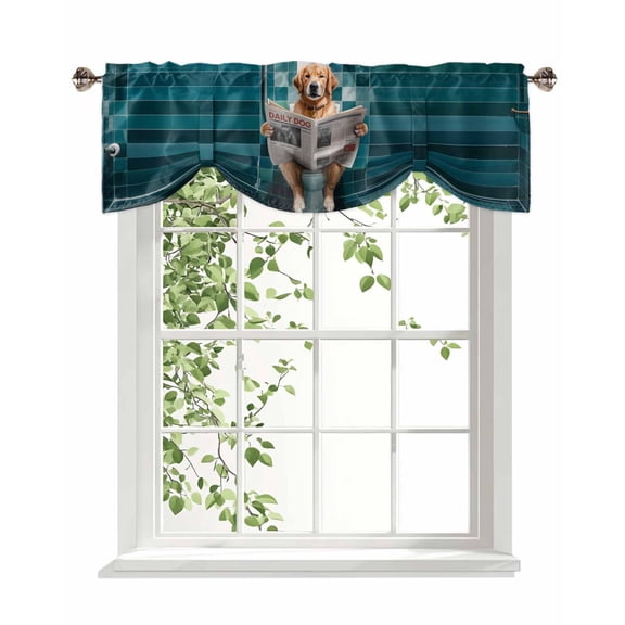 Dog in Toilet Tie Up Valances Curtain, Adjustable Kitchen Funny Animal Valances for Windows Decor, Rod Pocket Short Curtains Set for Bedroom/Bathroom, 42"x12"