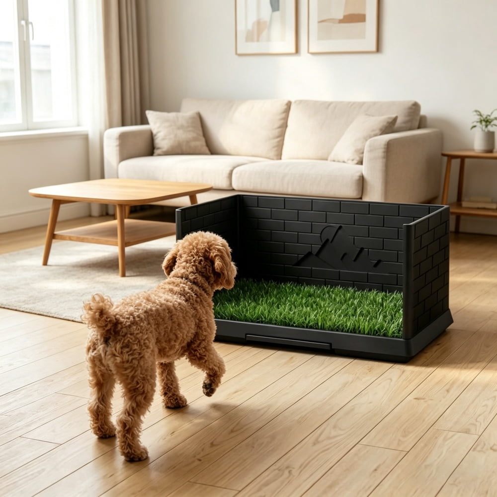 Dog Toilet with Artificial Turf, 3-Side 11.8"" High Walls Anti-Splash, Slide-Out Tray & Drainage System, for Small to Medium Dogs
