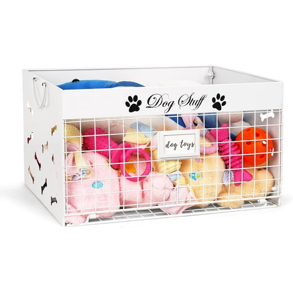 Dog Toy Basket - Large Dog Toy Box with Handles and Label Position Design for Living Room, Metal Dog Toy Bin Storage for Dogs Chew Pets Toys, Blankets, Clothes, Food (White)