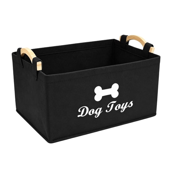 Dog Toy Basket, Large Felt Pet Toy Storage Bin with Wooden Handles, Dog Cat Toy Storage Box for Organizing Blankets, Clothes, Black